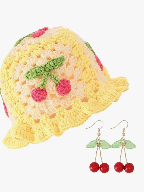 Accessories - Bucket Hats for Women Crochet Handmade Strawberry Hat with Earrings